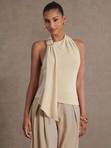 L'Amorae Women's Y2K Metal Decor Ribbon Design Fitted Fashionable Halter Top - Khaki - View 6