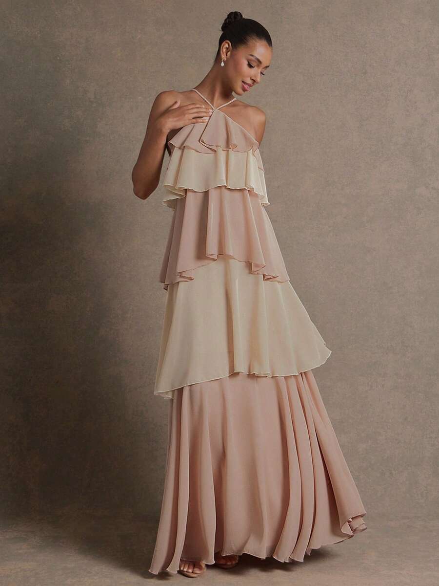 L'Amorae 女式拼色荷叶边下摆优雅长款露背连衣裙 - 彩色 - 查看 1