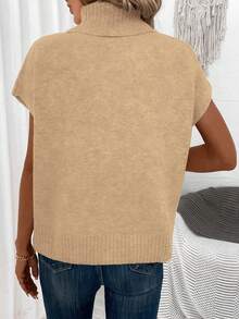 EMERY ROSE Casual High Neck Sleeveless Sweater Vest For Women - Khaki - View 2