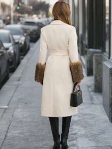 EMERY ROSE Women's Faux Fur Patchwork Long Overcoats, Autumn/Winter - Beige - View 2