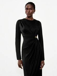 Lumivelle Women's Modern Round Neck Ruched Button Decor Waist Fitted Bodycon Side Slit Long Sleeve Dress - Black - View 8