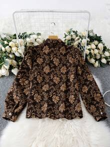 EMERY ROSE 女式黑色和金色提花面料长袖休闲通勤优雅复古衬衫 - 黑色和金色 - 查看 4