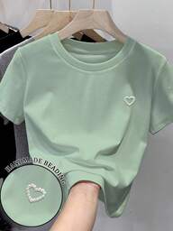 SHEIN Casual Versatile Heart Studded Decor Solid Color Short Sleeve T-Shirt
