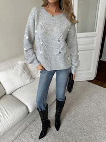 Elenzga Sequin Decor Drop Shoulder Sweater - Grey - View 5