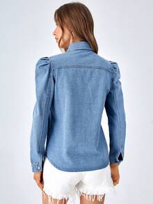 SHEIN PETITE Women's Fashion Commuter Puff Sleeve Denim Blouse - Blue - View 3