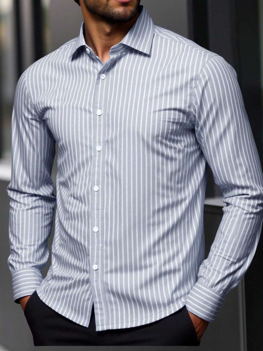 Manfinity Homme 秋季大码男士休闲宽松条纹长袖衬衫