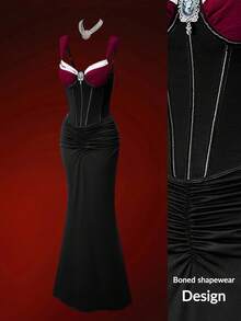 Glisette 2pcs Women Camisole Shapewear Top & High Waist Solid Color Bodycon Skirt Set - Black - View 2