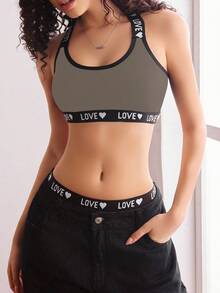 女士字母和心形图案休闲舒适文胸 - 摩卡棕 - 查看 4