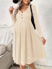 SHEIN Maternity Solid Ribbed Collar Button Front Long Sleeve Dress, Spring/Autumn - Apricot - View 3