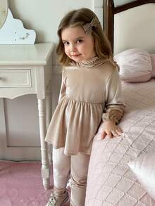 Elladie kids 2pcs/Set Young Girl Autumn/Winter Velvet Fabric Long Sleeve Hooded Sweatshirt With Ruffle Trim & Elastic Waist, Casual Leggings Set - Khaki - View 4