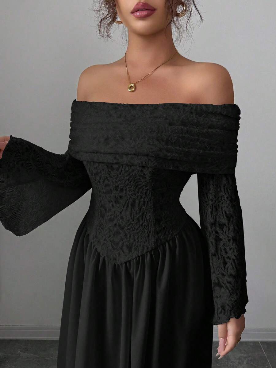 Modelyn Women's Autumn Knitted Lace Patchwork Solid Color Off-Shoulder Long Sleeve A-Line Dress - Black - View 1