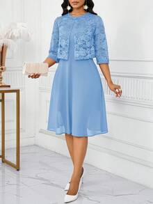 SHEIN Lady 2025 新款女士优雅蓝色纯色蕾丝无袖上衣和连衣裙两件套，夏季生日和活动礼服/办公室礼服/教堂礼服/婚礼礼服/节日礼服/，女士工作服优雅女装套装女式蓝色连衣裙套装优雅两件套连衣裙万圣节别致女式两件套秋季女士服装 - 藍色 - 查看 6