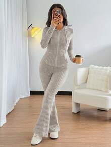 Rafferiza Casual Fashion, All-Match Hooded Sweatshirt, Waist-Cinching Jacket With Pockets, Flared Pants, Ribbed Knitted Autumn And Winter Women's Two-Piece Suit, Comfortable Women's Autumn And Winter Series, Autumn And Winter Women's Suits, Women's Autumn Clothing - Apricot - View 4