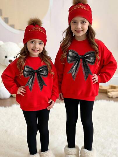 SHEIN Fall 2-Piece Sets For Tween Girls, Casual Fashion Creative Bowknot Pattern Print Warm Comfortable Outfit, Crew Neck Sweatshirt And Leggings