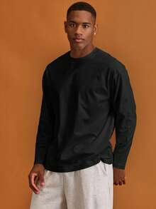 Musero Men Oversized Crewneck Long Sleeve Basic Plain T-Shirt Capsule Wardrobe Layering  Spring&Summer - Black - View 5