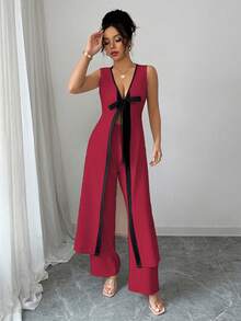 Lyxana Set elegant și la modă, de zi cu zi, cu decolteu în V, fără mâneci, cu top lung și pantaloni largi, format din 2 piese, pentru femei tinere, primăvară/vară - Burgundia - Vizualizare 3