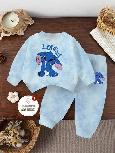 一套女童休闲可爱卡通兔子水彩扎染印花蓝色圆领卫衣+运动裤套装，秋冬季