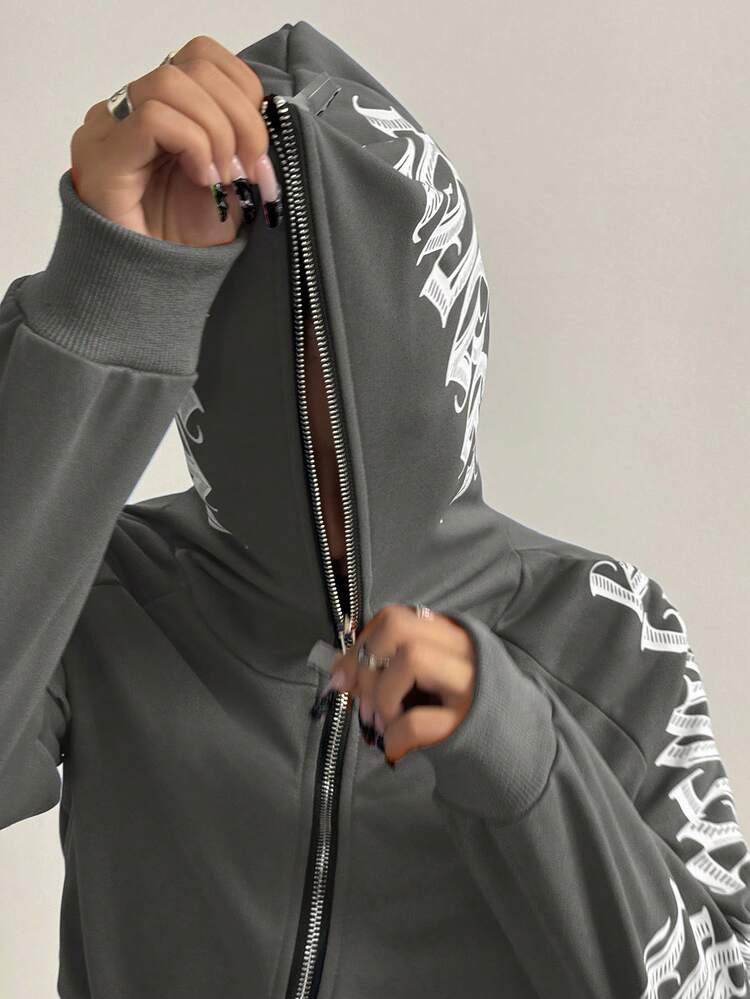 StreetHx Áo sweatshirt nữ dáng ngắn, không cài cúc phía trước, in chữ Gothic, phong cách đường phố, thích hợp cho mùa Thu/Đông. - Màu xám đen - Xem 6