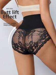 SHEIN 1 chiếc quần định hình cạp cao phối ren gân gợi cảm và thoải mái cho nữ - màu đen - Xem 4