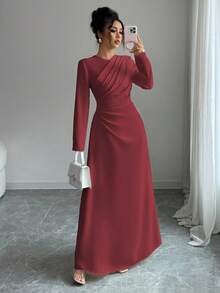 Elenzga Đầm Maxi Tay Dài Cổ Tròn Xếp Ly Eo Cho Nữ, Màu Trơn, Thanh Lịch, Trang Trọng, Công Sở, Đi Làm, Dịp Nghỉ, Tiệc Tùng, Cổ Điển, Phong Cách Trung Đông, Mùa Thu, Màu Vàng Nhạt - Màu Đỏ Sâu - Xem 6