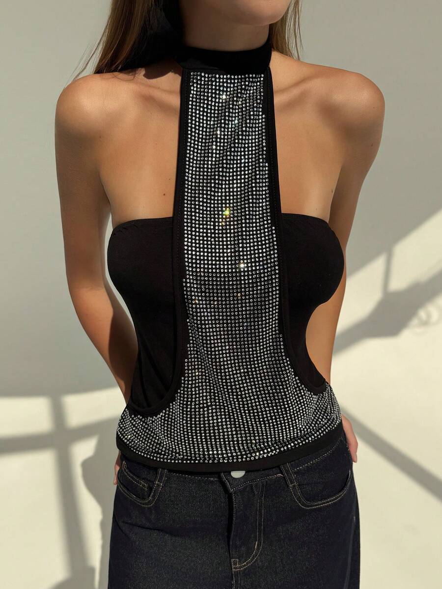 Aloruh Women's Fashionable Sexy Rhinestone Backless Halter Top - Black - View 1