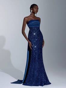 Elitara 优雅、浪漫、性感、简约、海军蓝、亮片面料、缎面拼布、鱼尾下摆、露背、时尚、网红、节日、度假、生日派对、婚礼活动、正式晚礼服 - 藏蓝色 - 查看 4