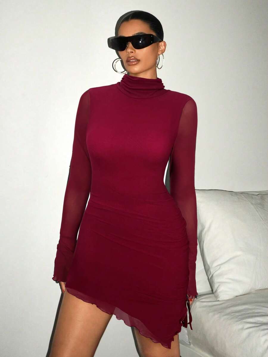 SHEIN ICON Solid Color Long Sleeve Asymmetric Hem Mesh Dress - Burgundy - View 1