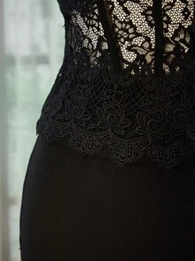 Glisette 2pcs Set Solid Color Lace Patchwork Elegant Maxi Skirt Suit, For Holiday Party - Black - View 5