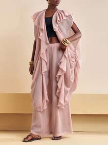 Zivah 2025秋季新品，适合生日派对、聚会、宴会、返校季、学院风、学生装、日常出行、百搭基础款、休闲、邮轮旅行、时尚、街头风、优雅、通勤、商务休闲等场合。这款开襟无袖垂褶不对称下摆罩衫搭配宽松阔腿裤，裤腿带有口袋，采用红棕色竖条纹纹理面料，是秋季女士两件套的理想之选。 - 粉色 - 查看 1