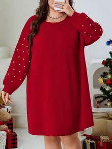 SHEIN CURVE+ Plus Size Women's Loose Dropped Shoulder Red Dress, Suitable For Autumn/Winter And Christmas