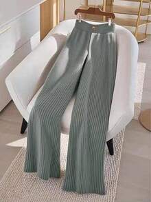 Franclia 女士时尚休闲针织阔腿裤，松紧腰带，带扣细节，适合秋冬季新年感恩节派对穿着 - 灰色 - 查看 1