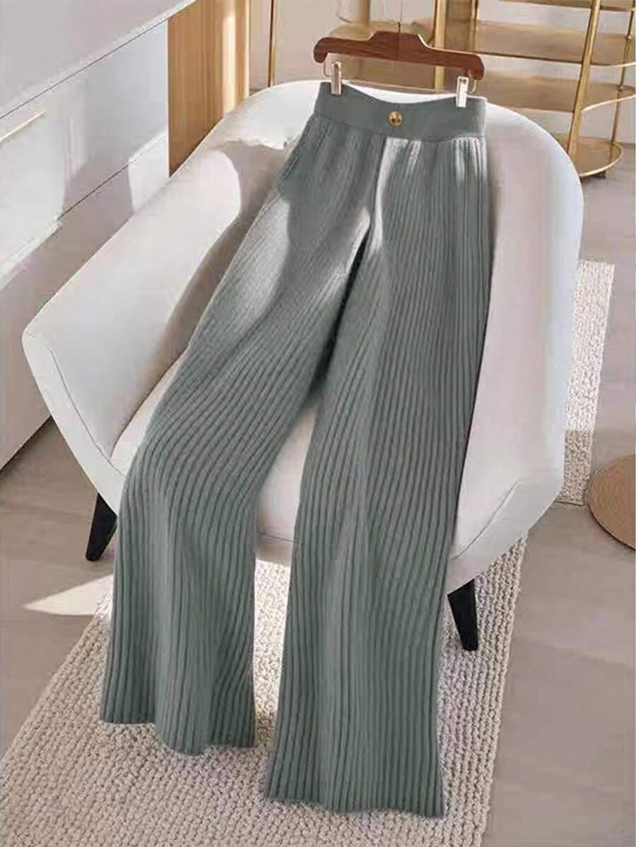 Franclia 女士时尚休闲针织阔腿裤，松紧腰带，带扣细节，适合秋冬季新年感恩节派对穿着 - 灰色 - 查看 1