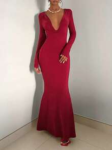 EgrlEra Vestido largo de malla con decoración metálica y escote en V sexy para mujer - Rojo - Ver 4