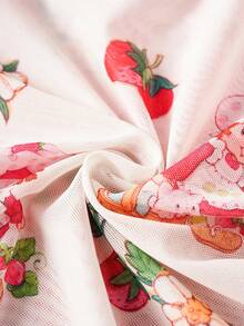 Strawberry Shortcake X SHEIN Áo lưới cổ tròn tay ngắn họa tiết dâu tây phong cách Y2K ngọt ngào dễ thương cỡ lớn cho nữ, mùa thu - Màu be - Xem 5