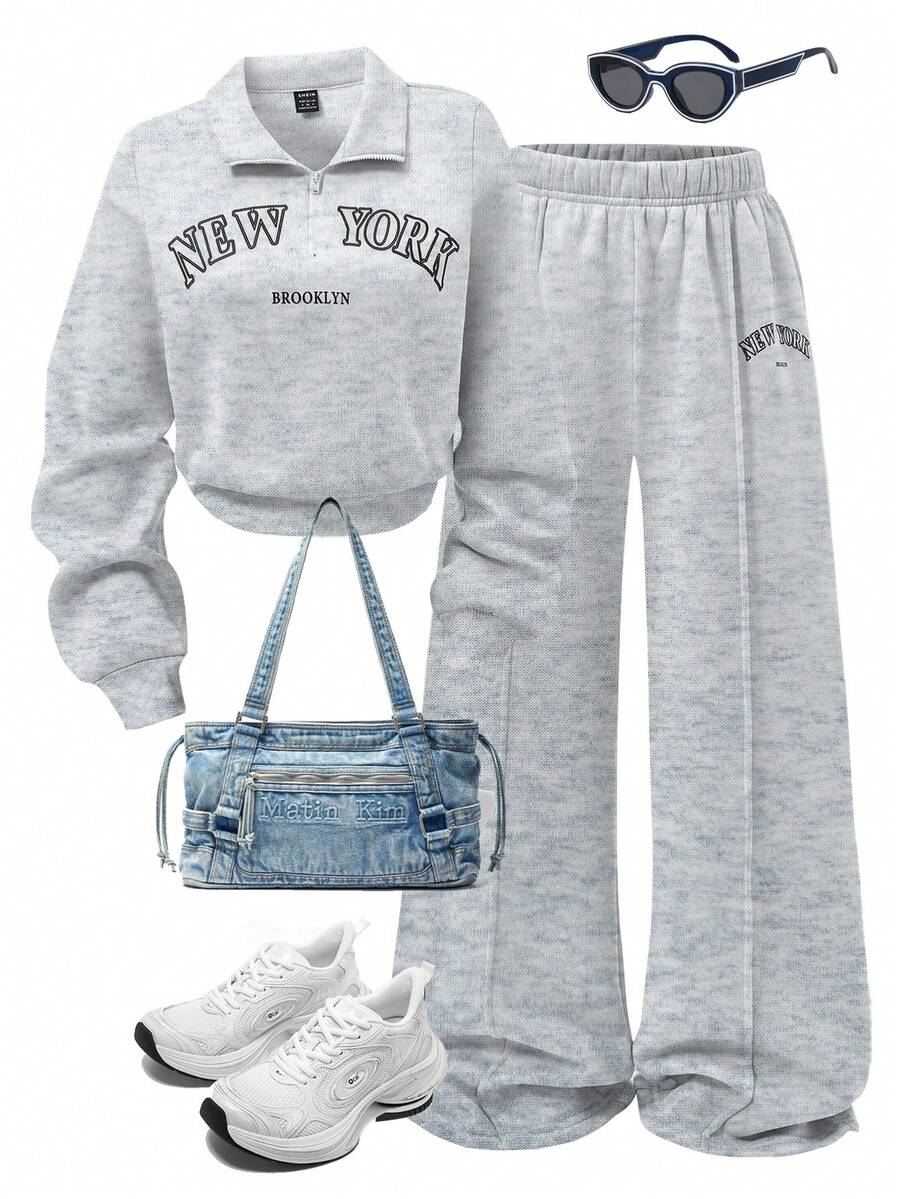 SHEIN 2pcs Women Autumn/Winter Set, Heather Gray Stand Collar Zip-Up Hoodie & Matching Long Sleeve Sweatpants With Graphic Print, Comfortable Casual Matching Mother-Daughter Outfits