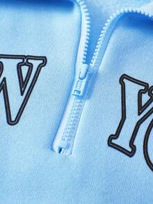 SHEIN 2pcs Women Set, Autumn/Winter New, Light Blue Stand Collar Zip-Up Hoodie, Matching Long Sleeve Sweatpants With Ribbed Cuffs, MEW YORK REOOKLYN Letter Print, Comfortable Casual, Mother-Daughter Matching - Baby Blue - View 3