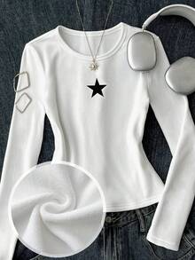 Tween Girls' White Round Neck Thermal Lined Long Sleeve Star Pattern Tight Fit Base Layer Pullover T-Shirt,Autumn Casual School Winter Tops - White - View 1