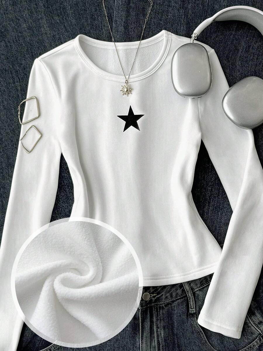 Tween Girls' White Round Neck Thermal Lined Long Sleeve Star Pattern Tight Fit Base Layer Pullover T-Shirt,Autumn Casual School Winter Tops - White - View 1
