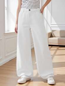 Tween Girls' Casual Basic Comfortable Elegant Fresh Open Hem Wide Leg Jeans, College Style, Pure White Summer Holiday