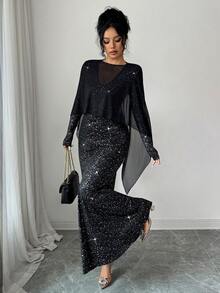 Rafferiza 优雅长款鱼尾下摆二合一AB拼接披肩针织网纱金箔针织面料秋冬黑色优雅女装优雅派对礼服女士优雅连衣裙闪亮亮片连衣裙女士亮片连衣裙时尚晚礼服黑色连衣裙女士优雅套装 - 黑色 - 查看 4