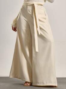 MUSERA Calças de alfaiataria plus size de perna larga com detalhe de amarração na cintura, estilo descolado, confortável, para o dia a dia, Tusk Casual. - Damasco - Ver 2