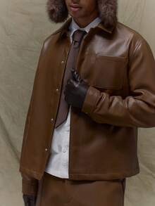 Musero 宽松版型长袖皮革领扣衬衫夹克隐形门襟细节秋季秋冬 - 咖啡棕 - 查看 6