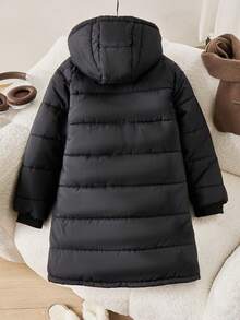 SHEIN Áo khoác dày lót nhiệt họa tiết da báo có mũ trùm đầu tiện dụng cho bé gái tuổi teen, khóa kéo màu đen, thích hợp cho các buổi đi chơi mùa thu/đông, đi dạo, mua sắm, đi làm, có thể kết hợp với áo len dài tay, quần dài - màu đen - Xem 2
