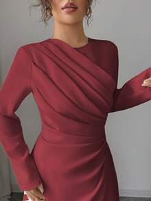 Elenzga Đầm Maxi Tay Dài Cổ Tròn Xếp Ly Eo Cho Nữ, Màu Trơn, Thanh Lịch, Trang Trọng, Công Sở, Đi Làm, Dịp Nghỉ, Tiệc Tùng, Cổ Điển, Phong Cách Trung Đông, Mùa Thu, Màu Vàng Nhạt - Màu Đỏ Sâu - Xem 3