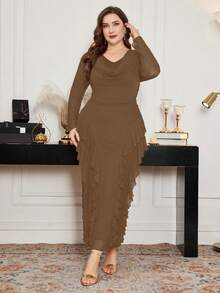 Modelyn Plus Size Spring/Summer Elastic Mesh Scoop Neck Ruffle Hem Bodycon Elegant Dress - Khaki - View 6