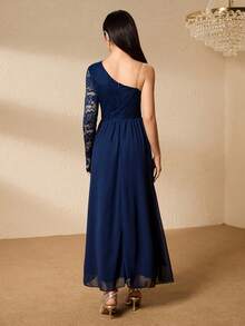 少女吊带蕾丝拼接腰身优雅圣诞派对连衣裙 - 藍色 - 查看 2