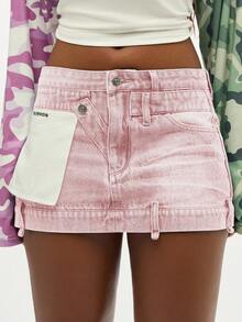 SUMWON WOMEN Deconstructed Pink Denim Mini Skirt Frayed Hem Casual Streetwear Fashion Summer Festival - Pink - View 6