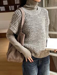 DAZY 女士宽松商务休闲优雅圆领针织毛衣背心两件套，秋冬 - 軍綠色 - 查看 5