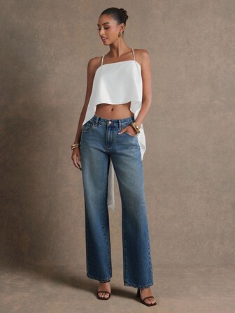 L'Amorae 女式 Y2K 纯色高低下摆短款吊带背心