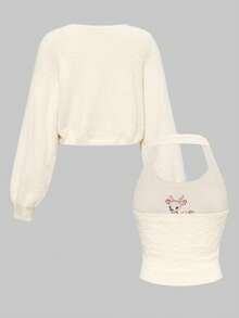 ROMWE Kawaii 2pcs Fall & Winter Outfits: Cute Deer Embroidered Fuzzy Halter Vest & Knit Sweater Set For Women - Beige - View 7